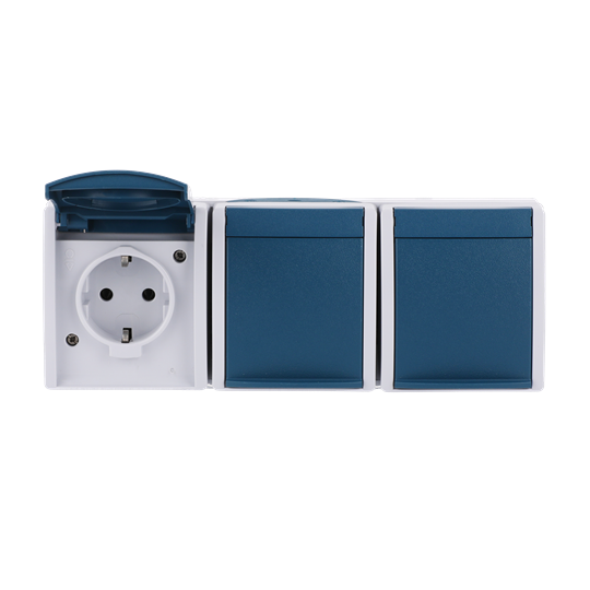 SCHUKO® Triple socket with labelling field with Hinged Lid 16 A blue  - ocean