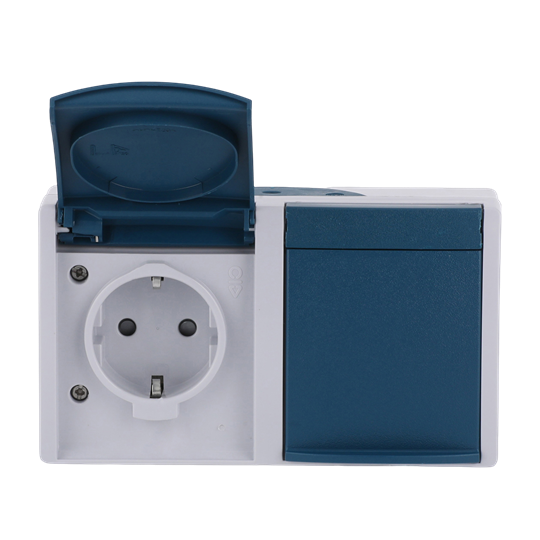 SCHUKO® Double socket with labelling field Safety Shutter with Hinged Lid 16 A blue  - ocean