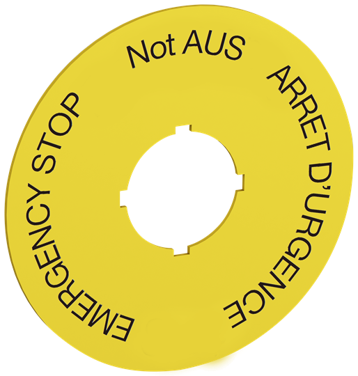 70 mm diameter legend plate for emergency stop. Black text on yellow aluminum with text: Emergency stop NOT AUS ARRÊT D'URGENCE Legend Plate