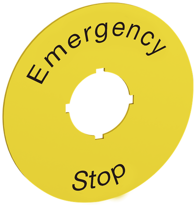 70 mm diameter legend plate for emergency stop. Black text on yellow aluminum with text: Emergency stop Legend Plate