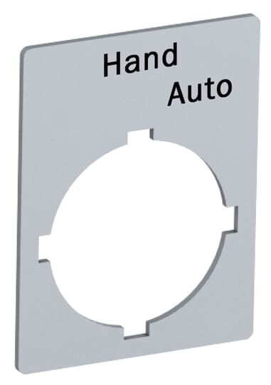 Rectangular legend plate 29,6x39 mm aluminum for 2-position selector switch with text: Pos 21:Hand Pos 22:Auto Legend Plate