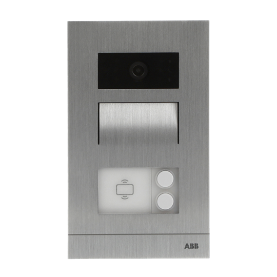 Mini video outdoor station (105mm width, FM), 2 pushbuttons, with ID card reader, with flush-mounted box, 2 button(s), aluminium
