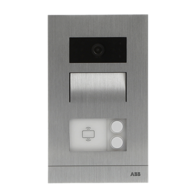 Mini video outdoor station (105mm width, FM), 2 pushbuttons, with ID card reader, with flush-mounted box, 2 button(s), aluminium