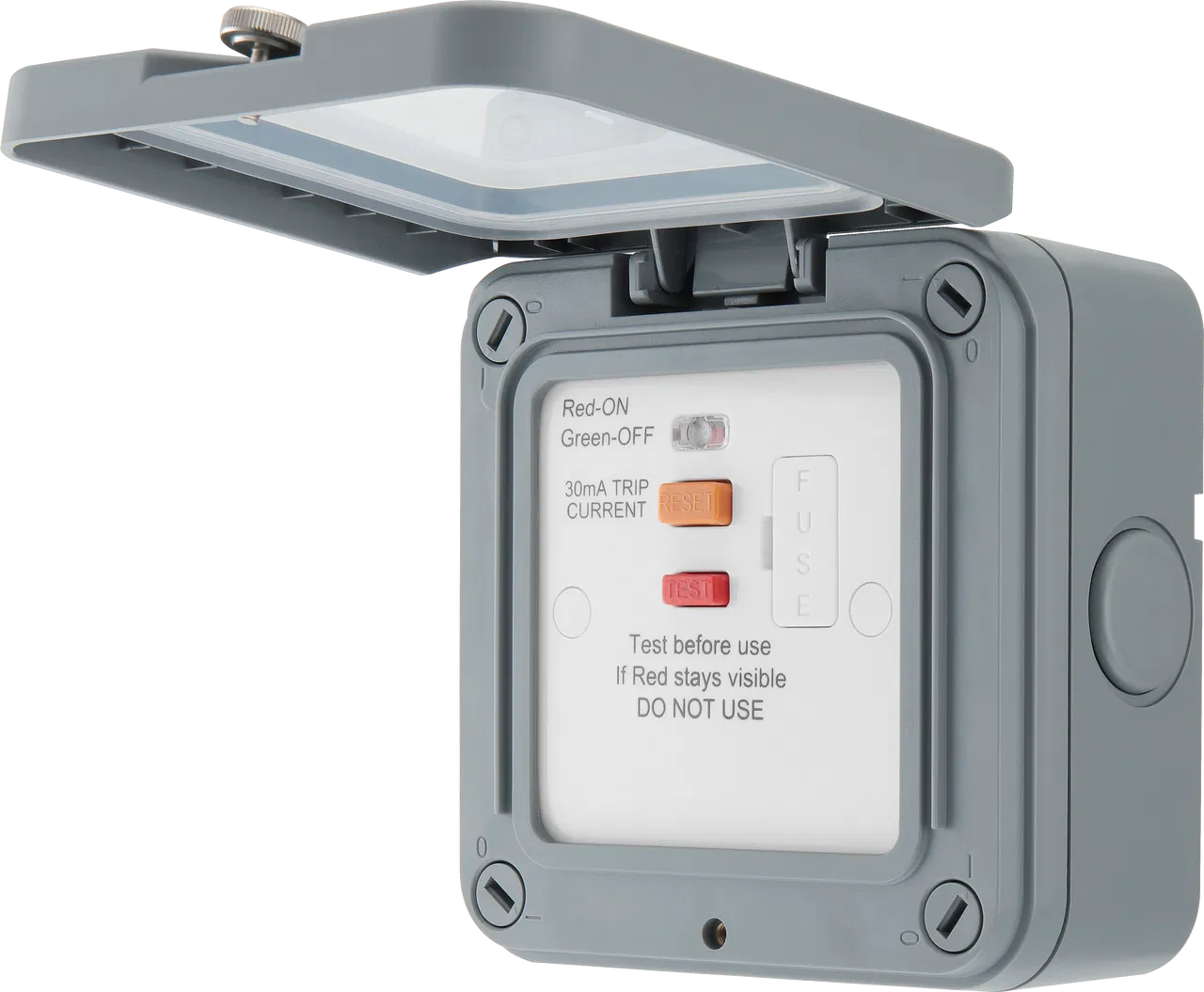WEATHERPROOF OUTDOOR FUSED CONNECTION UNIT, INTEGRATED LATCHING RCD