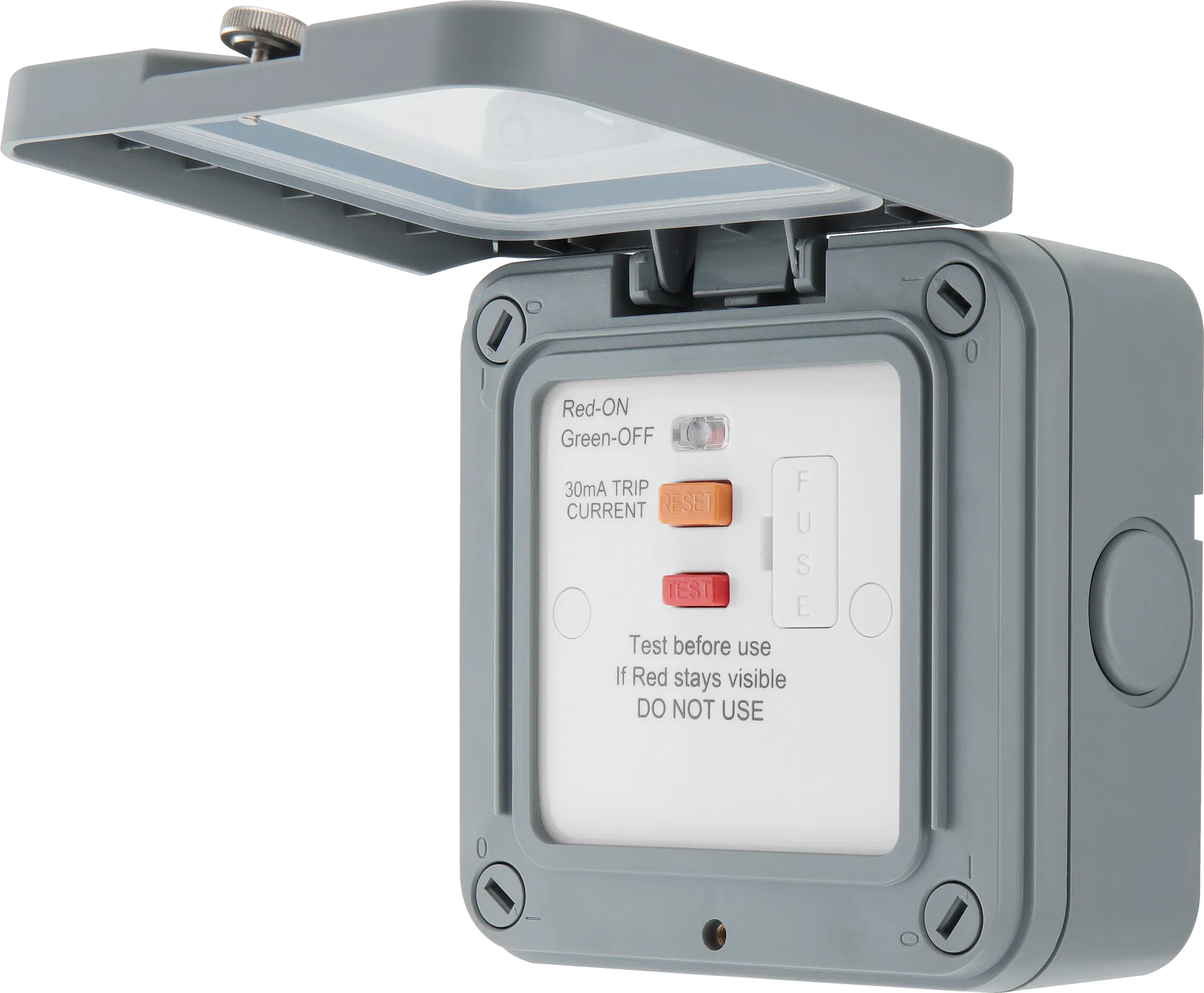 WEATHERPROOF OUTDOOR FUSED CONNECTION UNIT, INTEGRATED LATCHING RCD