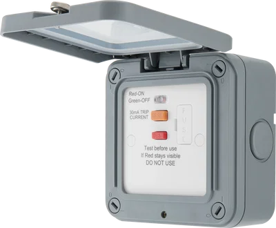 WEATHERPROOF OUTDOOR FUSED CONNECTION UNIT, INTEGRATED LATCHING RCD