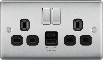 NEXUS METAL BRUSHED STEEL DOUBLE SWITCHED 13A POWER SOCKET WITH USB CHARGING - USB A + C (12W) BLACK INSERTS