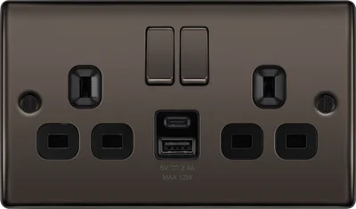 NEXUS METAL BLACK NICKEL DOUBLE SWITCHED 13A POWER SOCKET WITH USB CHARGING - USB A + C (12W)
