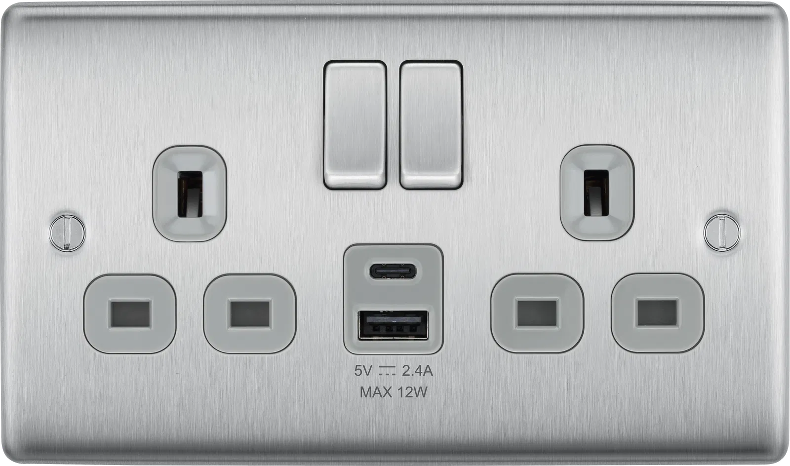 NEXUS METAL BRUSHED STEEL SINGLE SWITCHED 13A POWER SOCKET WITH USB CHARGING - 2X USB SOCKETS (2.1A)