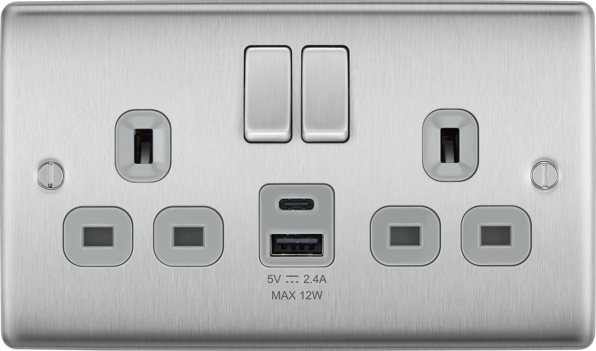 NEXUS METAL BRUSHED STEEL SINGLE SWITCHED 13A POWER SOCKET WITH USB CHARGING - 2X USB SOCKETS (2.1A)