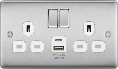 NEXUS METAL BRUSHED STEEL DOUBLE SWITCHED 13A POWER SOCKET WITH USB CHARGING - USB A + C (12W) WHITE INSERTS