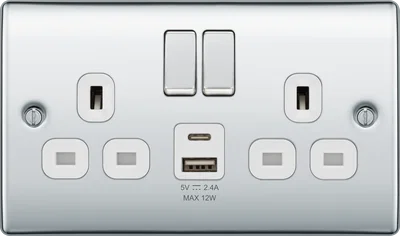 NEXUS METAL POLISHED CHROME DOUBLE SWITCHED 13A POWER SOCKET WITH USB CHARGING - USB A + C (12W)
