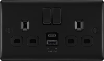 NEXUS METAL MATT BLACK DOUBLE SWITCHED 13A POWER SOCKET WITH USB CHARGING - USB A + C (12W) BLACK INSERTS