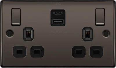 NEXUS METAL BLACK NICKEL DOUBLE SWITCHED 13A POWER SOCKET WITH USB CHARGING - 2X USB SOCKETS (3.1A)