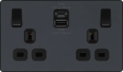 EVOLVE MATT GREY DOUBLE SWITCHED 13A POWER SOCKET WITH USB CHARGING - USB A + C (22W)