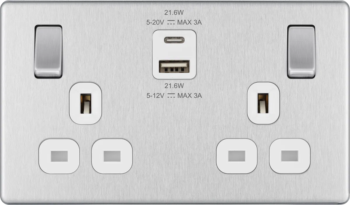 SCREWLESS FLATPLATE BRUSHED STEEL SINGLE SWITCHED 13A POWER SOCKET WITH USB CHARGING - 2X USB SOCKETS (2.1A)