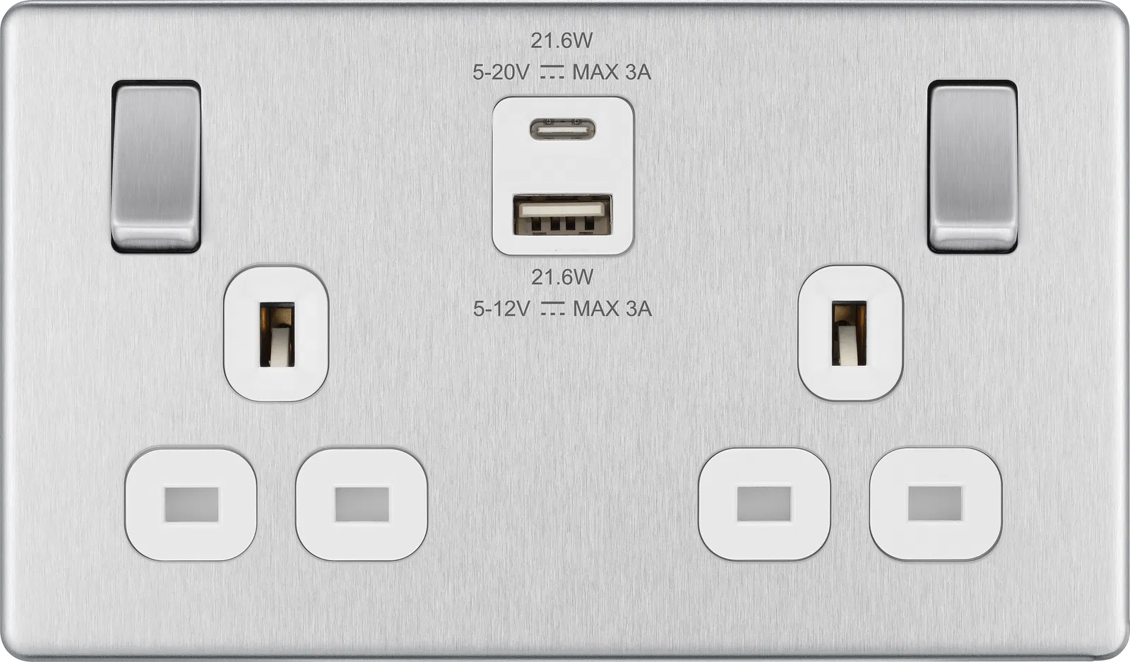SCREWLESS FLATPLATE BRUSHED STEEL SINGLE SWITCHED 13A POWER SOCKET WITH USB CHARGING - 2X USB SOCKETS (2.1A)