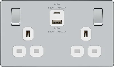 SCREWLESS FLATPLATE POLISHED CHROME DOUBLE SWITCHED 13A POWER SOCKET WITH USB CHARGING - 2X USB SOCKETS (3.1A)