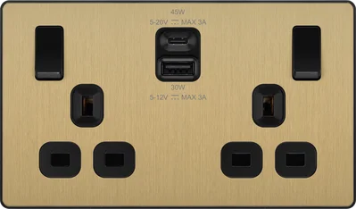 EVOLVE BRUSHED BRASS (BLACK) DOUBLE SWITCHED 13A POWER SOCKET + USB A+C 30W