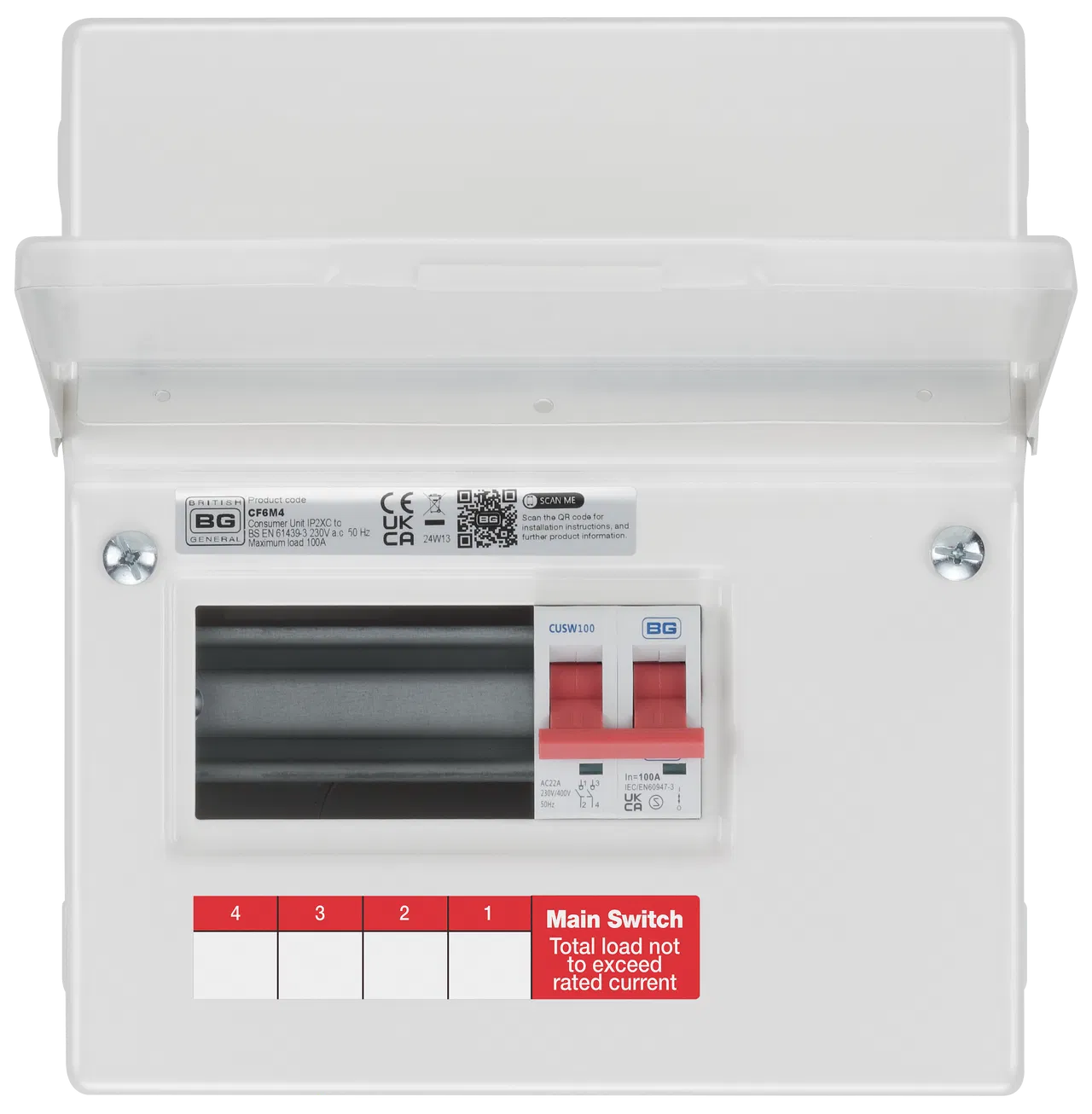 METAL CONSUMER UNIT 6 MOD 4 WAY UNPOPULATED WITH 100A MAIN SWITCH