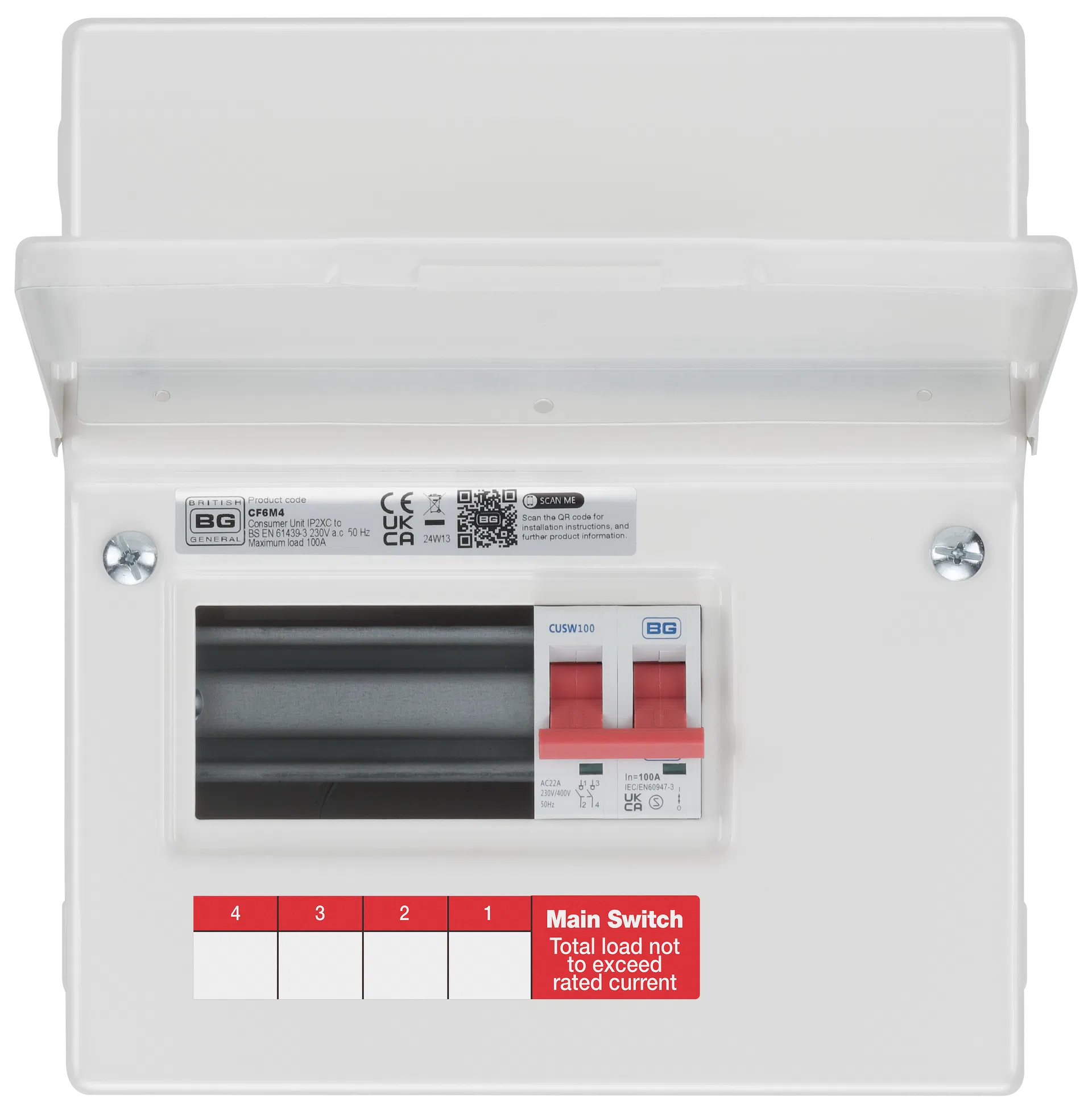 METAL CONSUMER UNIT 6 MOD 4 WAY UNPOPULATED WITH 100A MAIN SWITCH