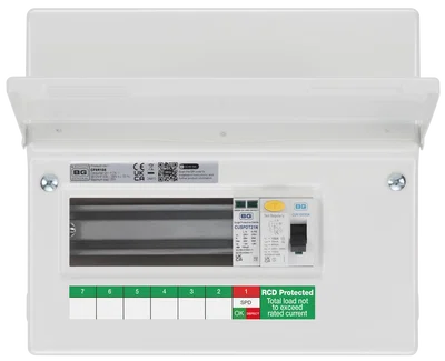 CONSUMER UNIT 9 MOD 6 WAY UNPOPULATED WITH 1 X 100A TYPE A 30MA RCD 1 X SPD