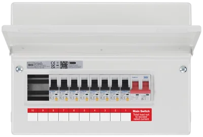Metal Consumer Unit 12 Module 10 Way Populated With 1 X 100A Main Switch And Type A 8 Rcbo'S, 2 X Cover Blanks With Up Opening Front Cover