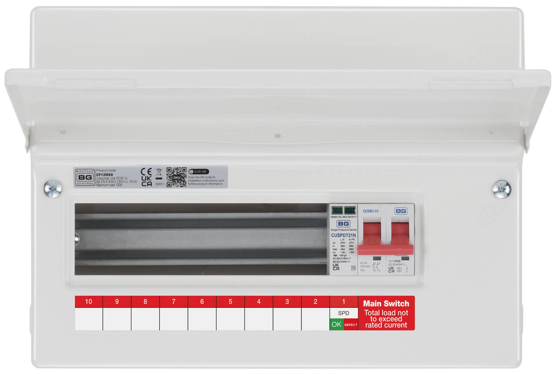 METAL CONSUMER UNIT 12 MOD 9 WAY UNPOPULATED WITH 100A MAIN SWITCH 1 X SPD