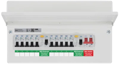 CONSUMER UNIT 16 MOD 10 WAY POPULATED FULLY RECESSED WITH 100A MAIN SWITCH 2 X 80A TYPE A 30MA RCD 10 MCB