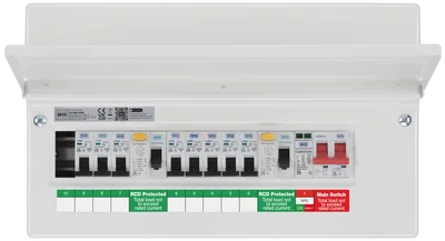 CONSUMER UNIT 16 MOD 9 WAY POPULATED WITH 100A MAIN SWITCH 2 X 100A TYPE A 30MA RCD 8 X MCB 1 X SPD