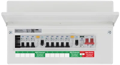 CONSUMER UNIT 9 WAY FULLY RECESSED 100A MAIN SWITCH 2 X 80A 30MA TYPE A RCD 8 MCB