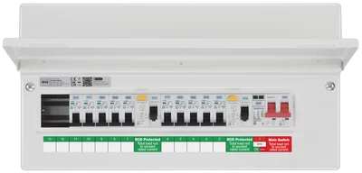 CONSUMER UNIT 19 MOD 12 WAY POPULATED WITH 100A MAIN SWITCH 2 X 100A TYPE A 30MA RCD 10 X MCB 1 X SPD
