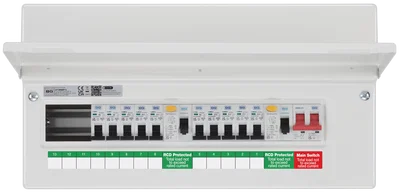 CONSUMER UNIT 19 MOD 13 WAY POPULATED WITH 100A MAIN SWITCH 2 X 80A TYPE A 30MA RCD 10 MCB
