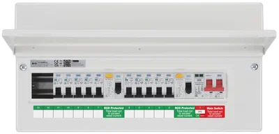 CONSUMER UNIT 19 MOD 12 WAY POPULATED WITH 100A MAIN SWITCH 2 X 80A TYPE A 30MA RCD 10 X MCB