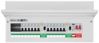CONSUMER UNIT 22 MOD 15 WAY POPULATED WITH 100A MAIN SWITCH 2 X 100A TYPE A 30MA RCD 12 X MCB'S 1 X SPD