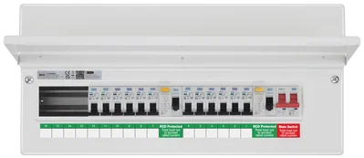 CONSUMER UNIT 22 MOD 16 WAY POPULATED FULLY RECESSED WITH 100A MAIN SWITCH 2 X 80A TYPE A 30MA RCD 12 MCB