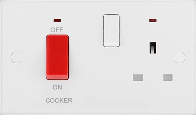 WHITE MOULDED SQUARE EDGE 45A COOKER CONTROL UNIT WITH SWITCHED 13A POWER SOCKET, INCLUDES POWER INDICATORS