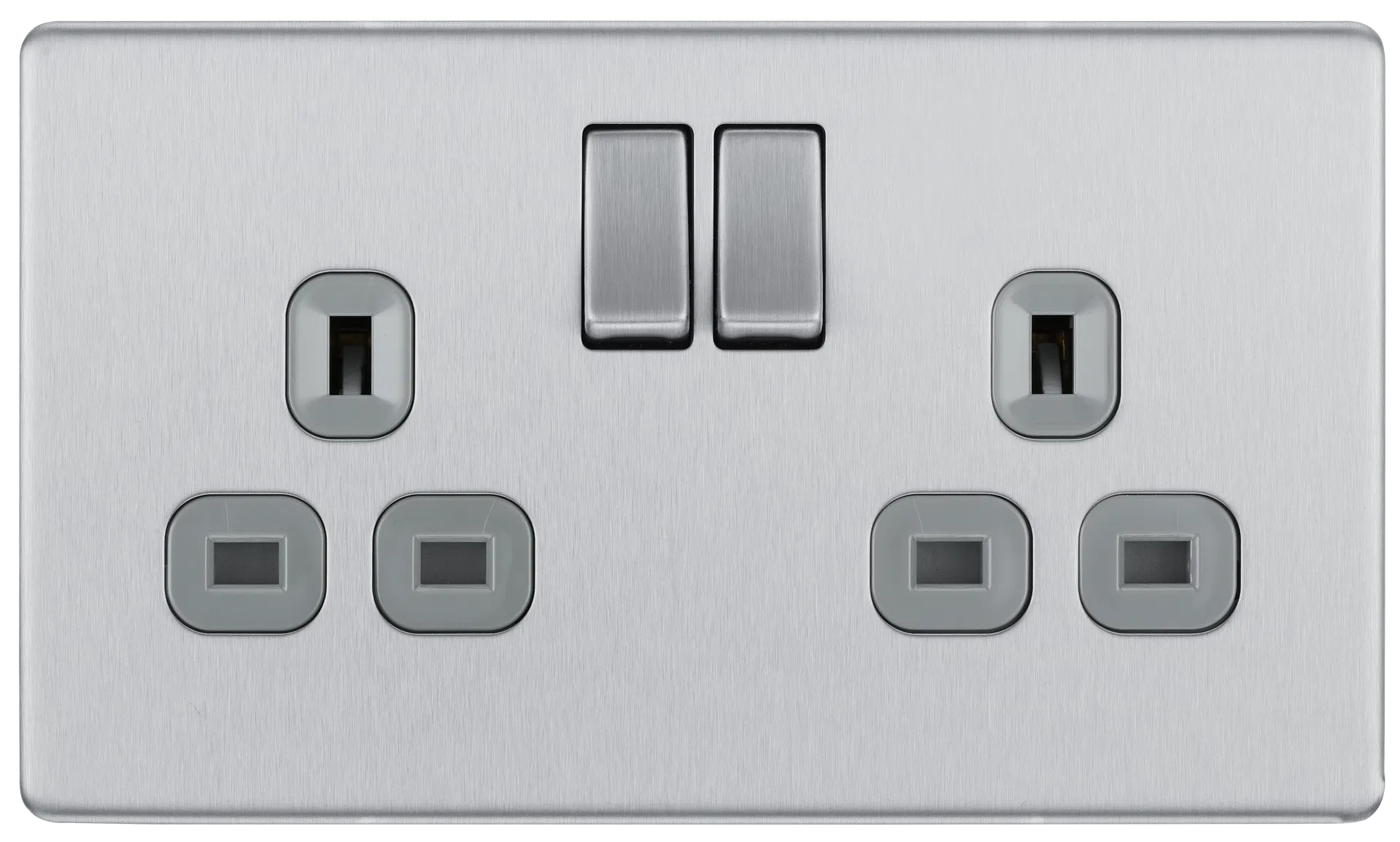 SCREWLESS FLATPLATE BRUSHED STEEL DOUBLE SWITCHED 13A POWER SOCKET WITH USB CHARGING - 2X USB SOCKETS (3.1A)