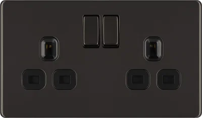 SCREWLESS FLATPLATE BLACK NICKEL DOUBLE SWITCHED 13A POWER SOCKET WITH USB CHARGING - 2X USB SOCKETS (3.1A)