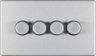 SCREWLESS FLATPLATE BRUSHED STEEL 400W QUADRUPLE DIMMER SWITCH, 2-WAY PUSH ON/OFF
