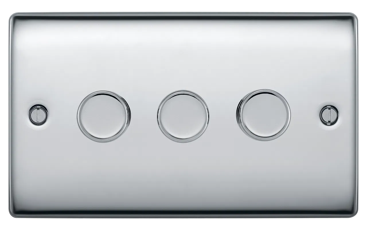 NEXUS METAL POLISHED CHROME 400W TRIPLE DIMMER SWITCH, 2-WAY PUSH ON/OFF