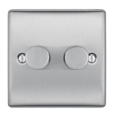 NEXUS METAL BRUSHED STEEL 200W DOUBLE DIMMER SWITCH, 2-WAY PUSH ON/OFF, TRAILING EDGE