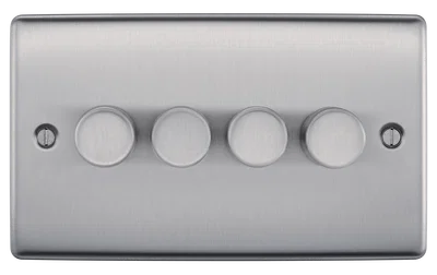 NEXUS METAL BRUSHED STEEL 200W QUADRUPLE DIMMER SWITCH, 2-WAY PUSH ON/OFF, TRAILING EDGE