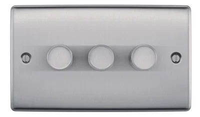 NEXUS METAL BRUSHED STEEL 200W TRIPLE DIMMER SWITCH, 2-WAY PUSH ON/OFF, TRAILING EDGE