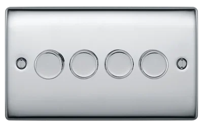 NEXUS METAL POLISHED CHROME 200W QUADRUPLE DIMMER SWITCH, 2-WAY PUSH ON/OFF, TRAILING EDGE