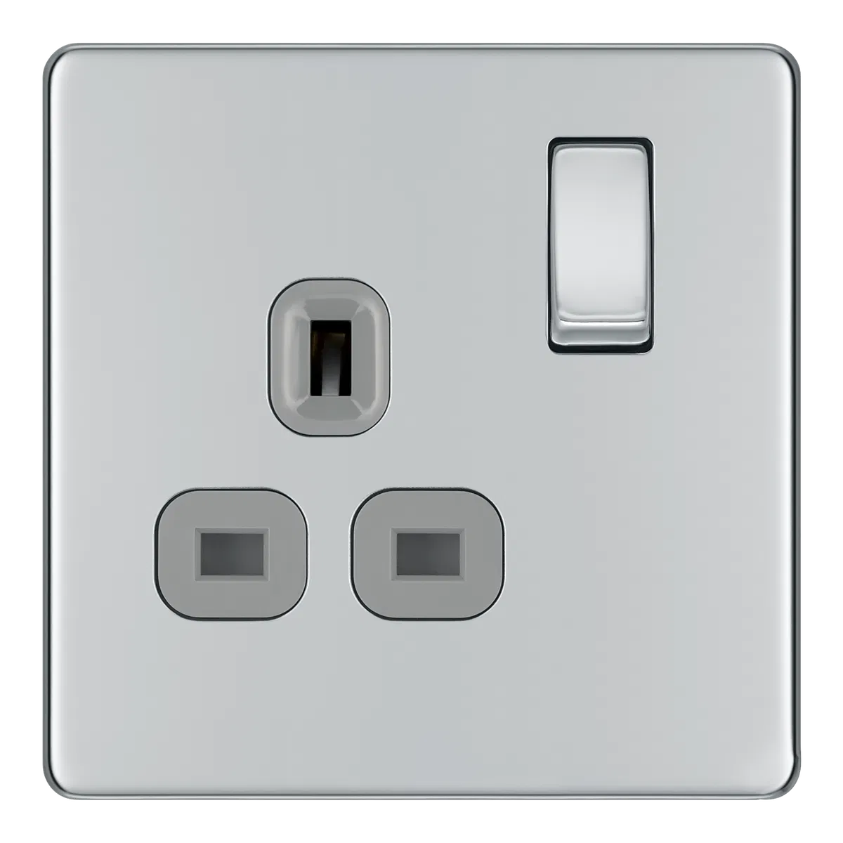 SCREWLESS FLATPLATE POLISHED CHROME SINGLE SWITCHED 13A POWER SOCKET WITH USB CHARGING - 2X USB SOCKETS (2.1A)