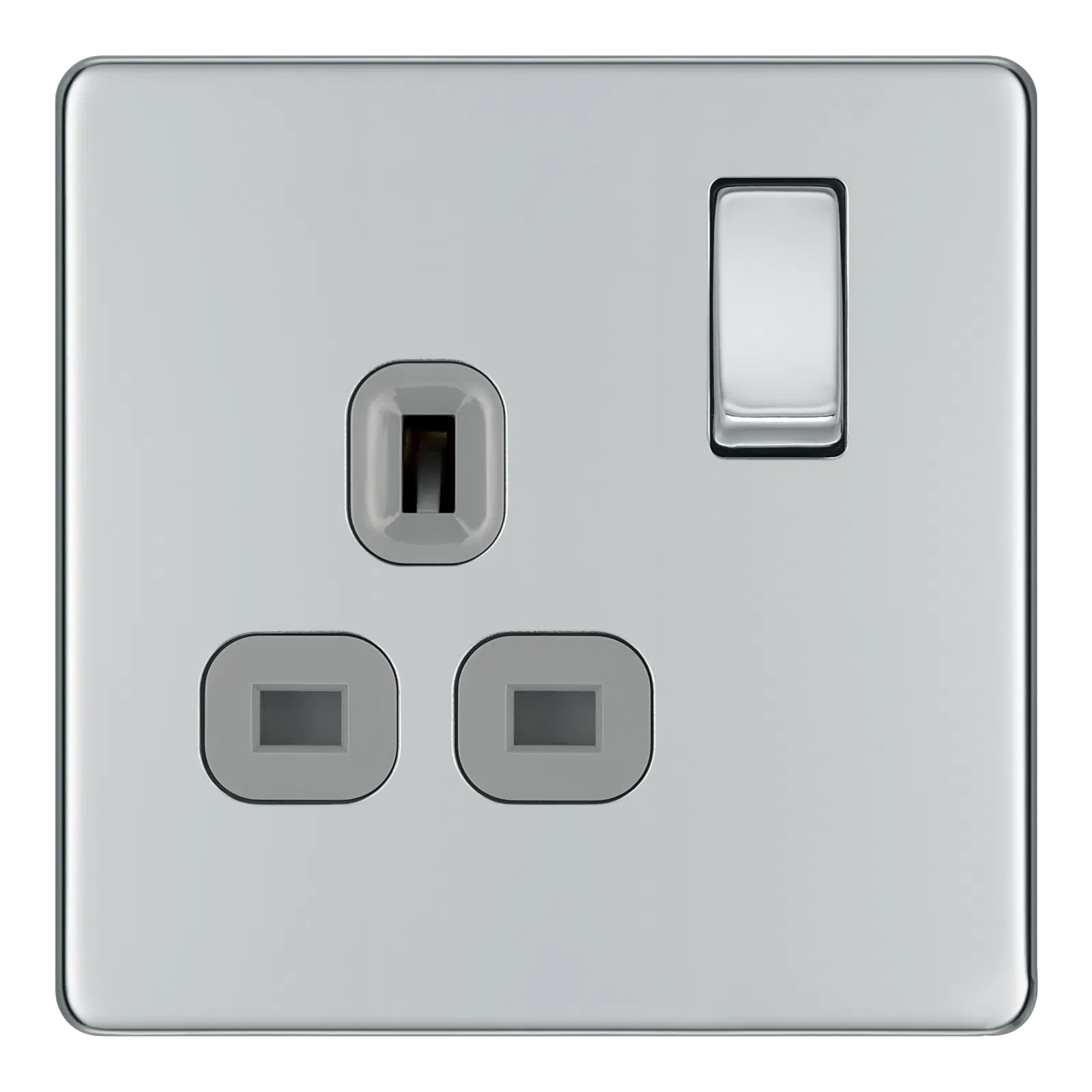 SCREWLESS FLATPLATE POLISHED CHROME SINGLE SWITCHED 13A POWER SOCKET WITH USB CHARGING - 2X USB SOCKETS (2.1A)