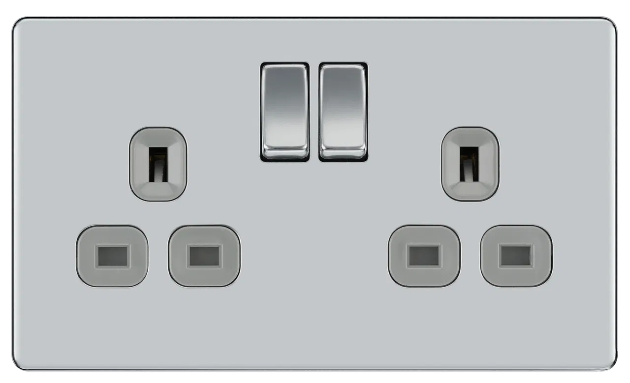 SCREWLESS FLATPLATE POLISHED CHROME DOUBLE SWITCHED 13A POWER SOCKET WITH USB CHARGING - 2X USB SOCKETS (3.1A)