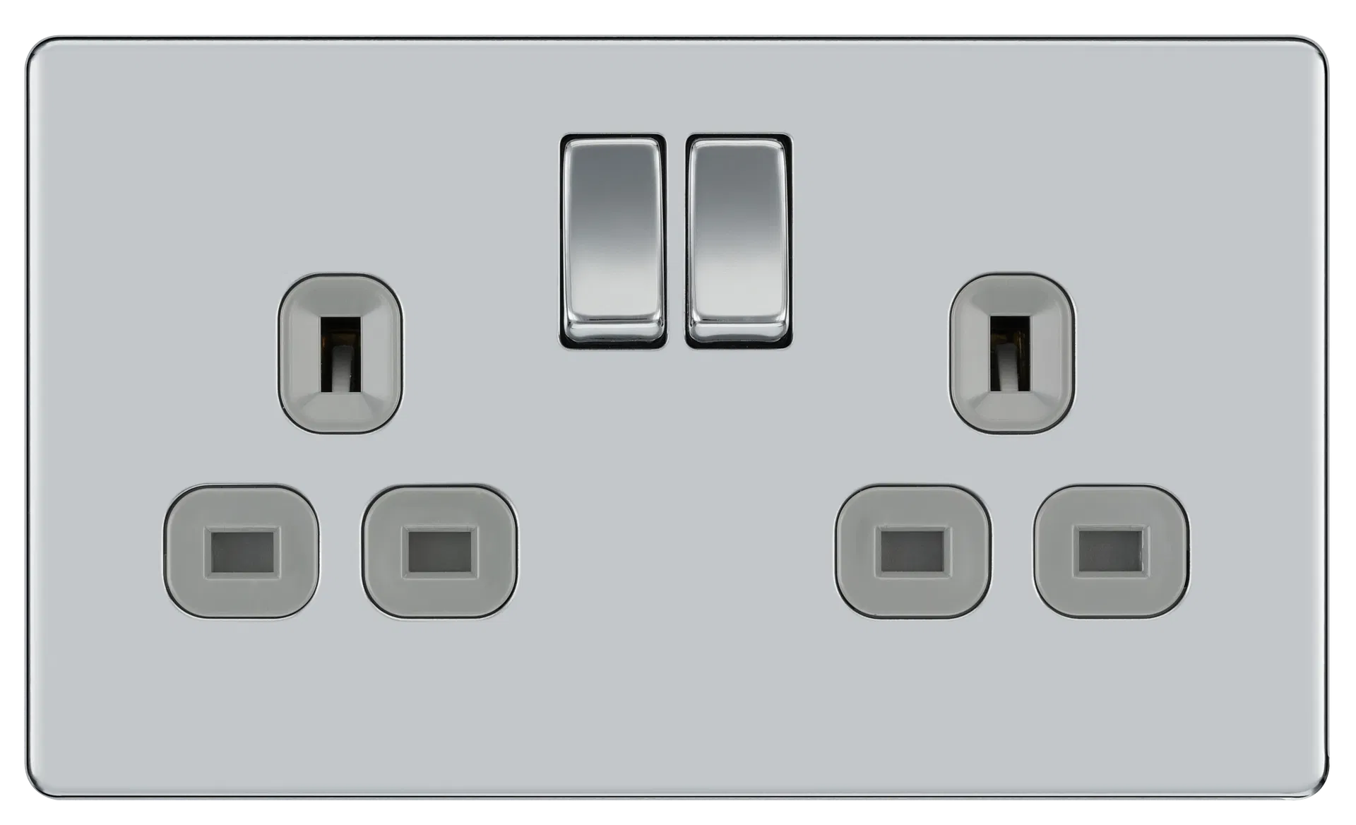 SCREWLESS FLATPLATE POLISHED CHROME DOUBLE SWITCHED 13A POWER SOCKET WITH USB CHARGING - 2X USB SOCKETS (3.1A)