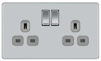 SCREWLESS FLATPLATE POLISHED CHROME DOUBLE SWITCHED 13A POWER SOCKET WITH USB CHARGING - 2X USB SOCKETS (3.1A)